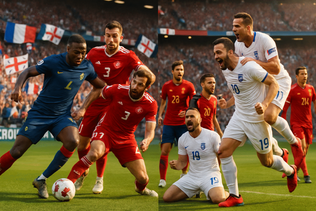 revivez les huitièmes de finale de l'euro où la france affronte la géorgie et la grèce crée la surprise en éliminant l'espagne dans un match riche en émotions.