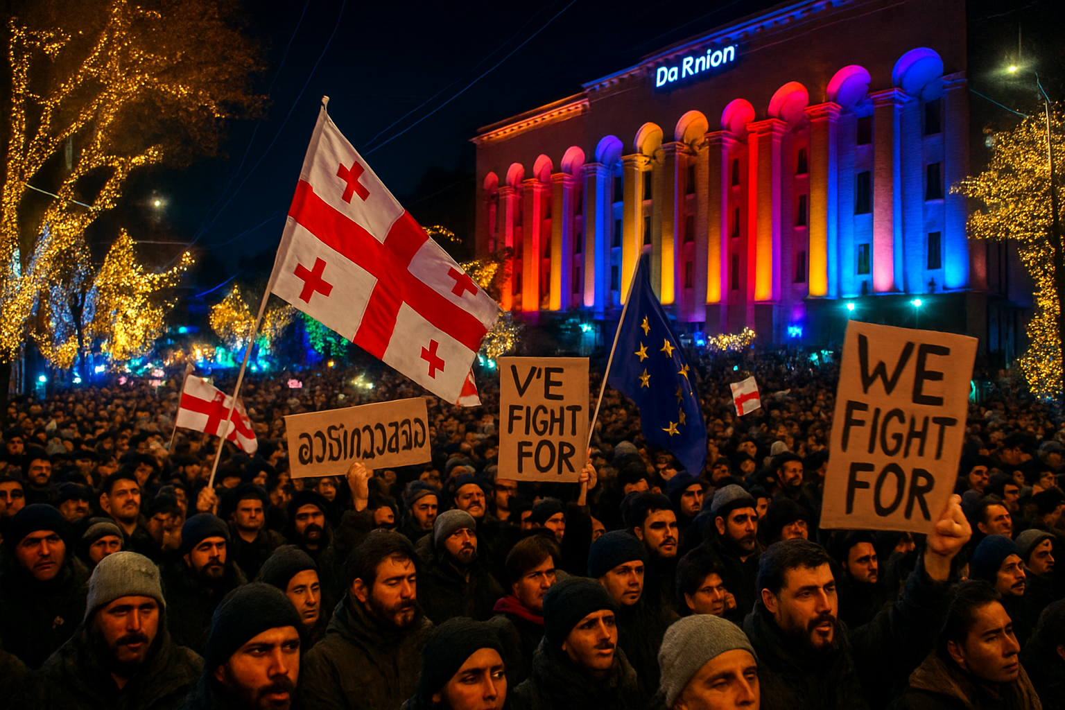 en géorgie, une immense manifestation illumine la nuit du réveillon, rassemblant des milliers de personnes dans une ambiance unique et chargée d'émotion.