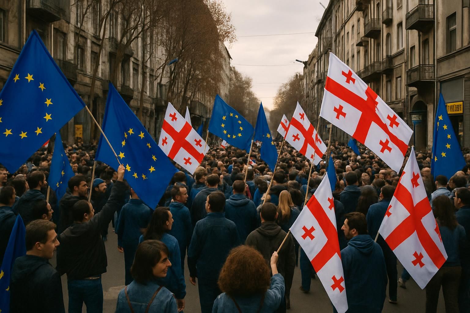 des milliers de manifestants pro-européens envahissent les rues de tbilissi, en géorgie, exprimant leur soutien à une intégration renforcée avec l'europe.