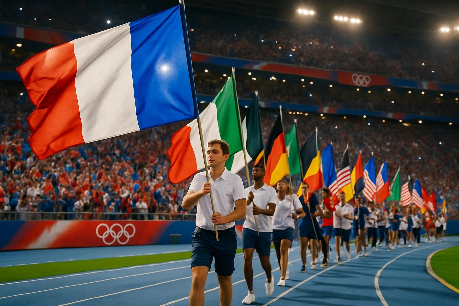 découvrez les porte-drapeaux représentant la france, les états-unis, l’italie et d’autres pays lors de la cérémonie de clôture des jo 2026. un moment emblématique à ne pas manquer !