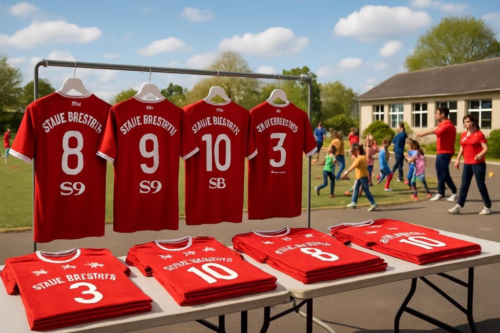 découvrez la préparation des maillots du stade brestois sous un ciel printanier et l'engagement dynamique dans les écoles pour promouvoir le sport.