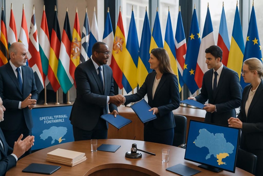 trente-six états et l'union européenne collaborent pour créer un tribunal spécial dédié à l'ukraine, visant à garantir la justice face aux violations commises.