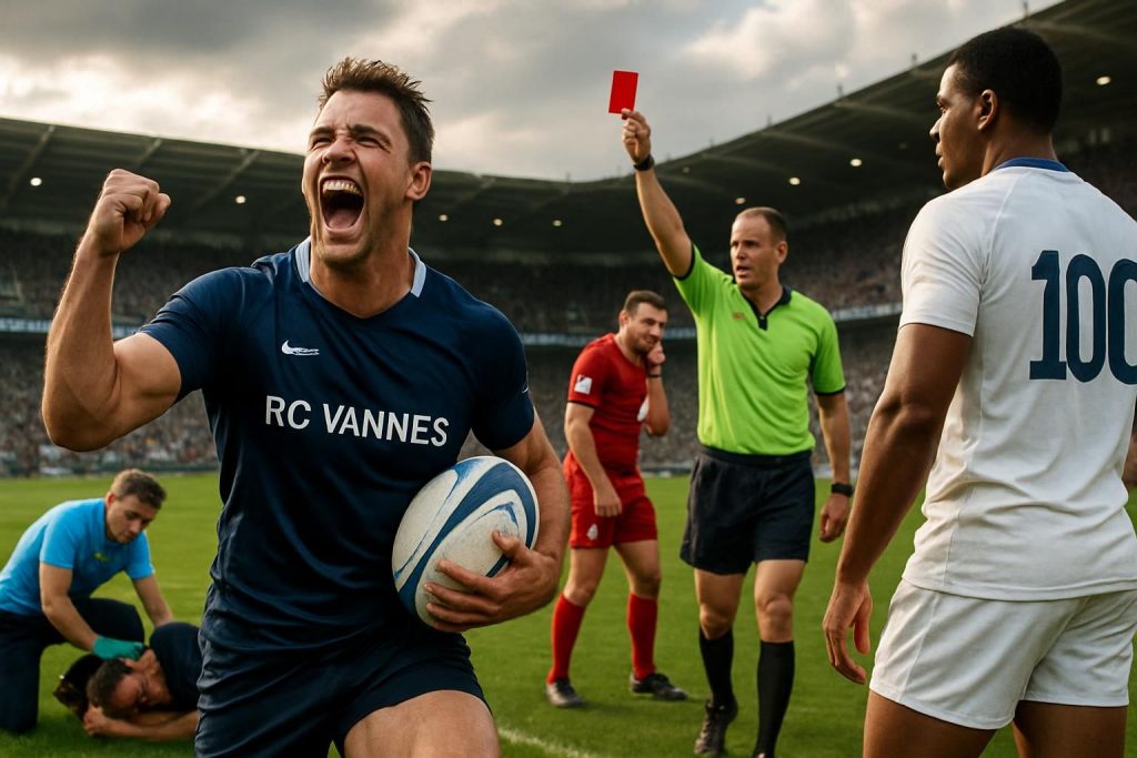 découvrez le bilan mitigé des internationaux du rc vannes avec une 100e sélection marquante, un carton rouge, un essai inscrit et une commotion lors des récents matchs.